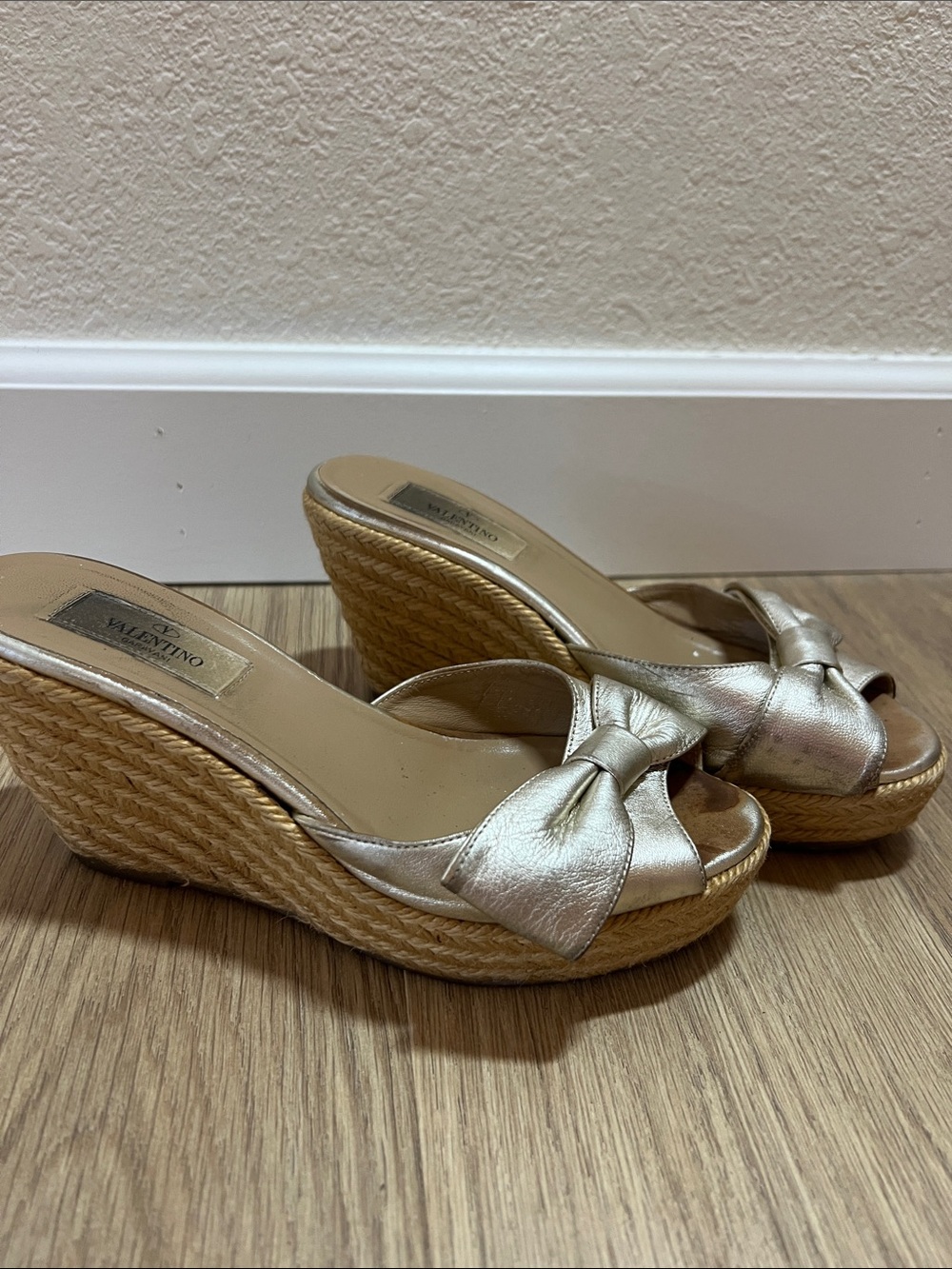 Valentino Metallic Gold Knot Espadrille Wedge Sandals